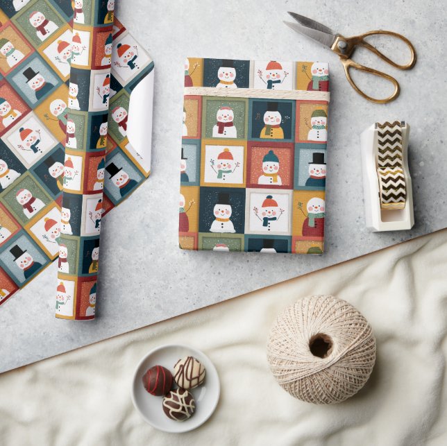Papel De Presente Textured Grid of Festive Snowmen (Artesanato)