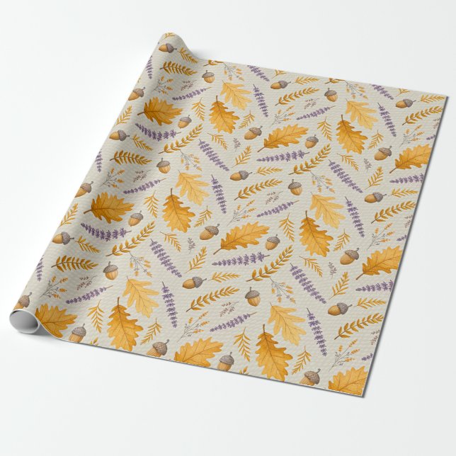 Papel De Presente Thanksgiving Acorn and Lavender Fall Gift Wrap (Desenrolado)