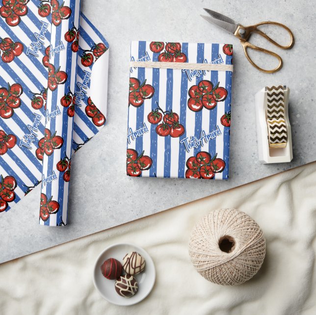 Papel De Presente That's amore cherry tomatoes blue stripes Italian  (Artesanato)