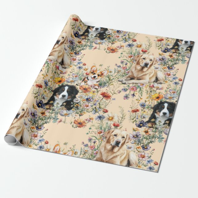 Papel De Presente Three Dogs in Wildflowers Seamless  (Desenrolado)