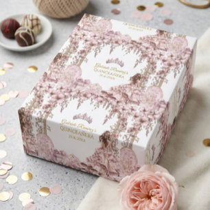 Papel De Presente Tiarra Floral Quinceañera Rosa Bege e Dourado