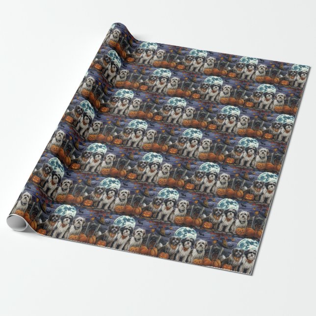 Papel De Presente Tibetan Terrier Halloween Assustador (Desenrolado)