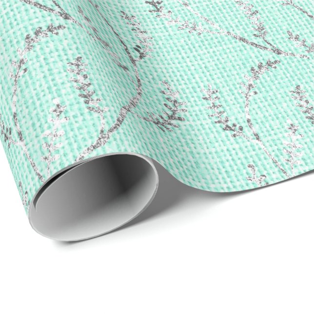 Papel De Presente Tiffany Mint Aqua Linen Silver Sparkly Laurel (Ponta do rolo)