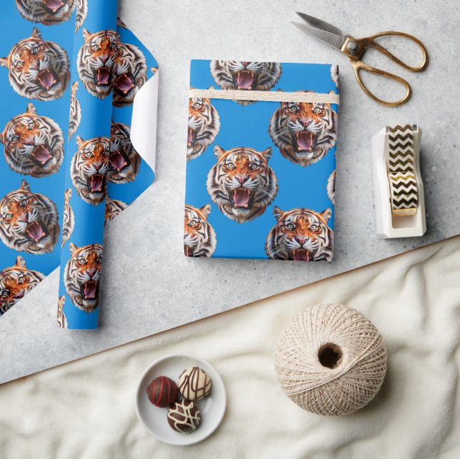 Papel De Presente Tiger Head Pattern Design Blue  (Artesanato)