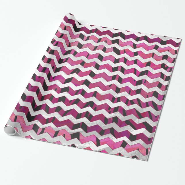 Papel De Presente Tigre Chevron, Rosa Quente e Impressão Preto (Desenrolado)