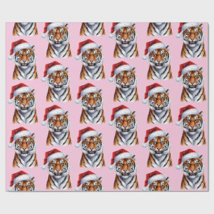 Papel De Presente Tigre da Moda com Chapéu de Papai Noel Natal rosa