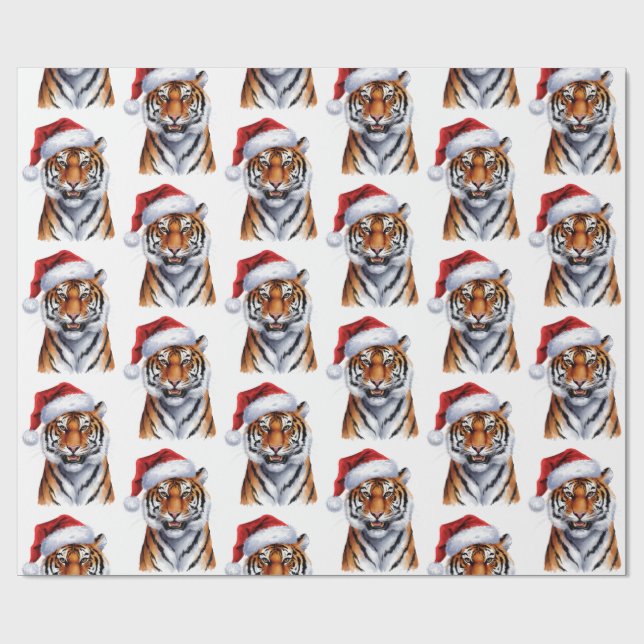 Papel De Presente Tigre da Moda com Chapéu de Papai Noel Natal Verde (Aberto)