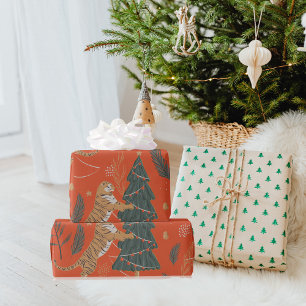 Papel De Presente Tigre de Natal Antigo Com Árvore de Natal
