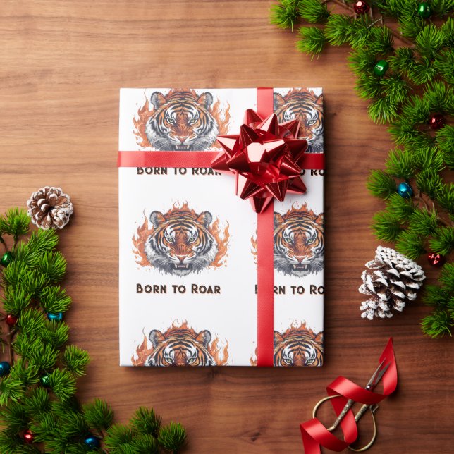 Papel De Presente Tigre Feroz com Chamas - Texto Personalizável (Presente de Natal)