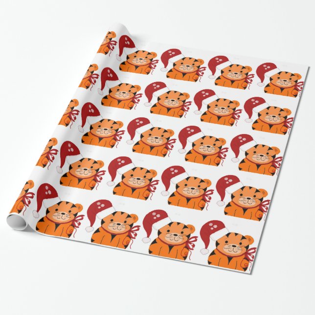 Papel De Presente Tigre Fofo com Chapéu de Papai Noel (Desenrolado)