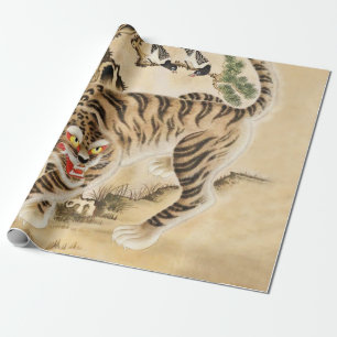 Papel De Presente Tigre Minhwa Antigo sob Árvore de Pinheiro