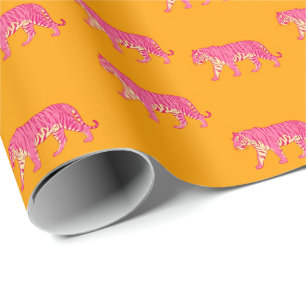 Papel De Presente Tigre Rosa Quente no Padrão Laranja Laranja Negrit