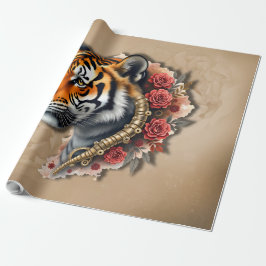 Papel De Presente Tigre Steampunk com Ilustração de Rosas.
