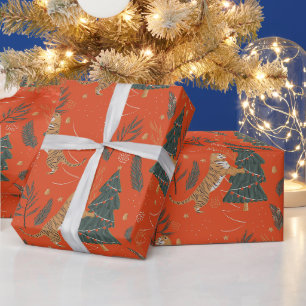 Papel De Presente Tigre Único da Árvore de Natal Verde e Vermelha