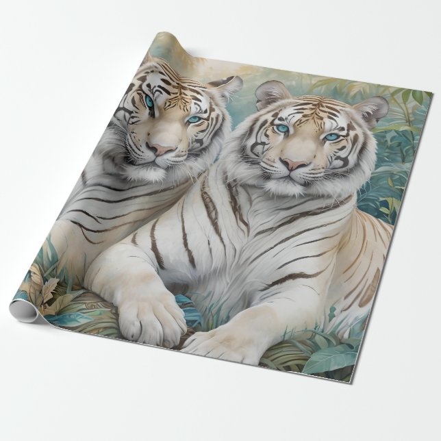 Papel De Presente Tigres de Ouro pálidos numa selva verde azul (Desenrolado)
