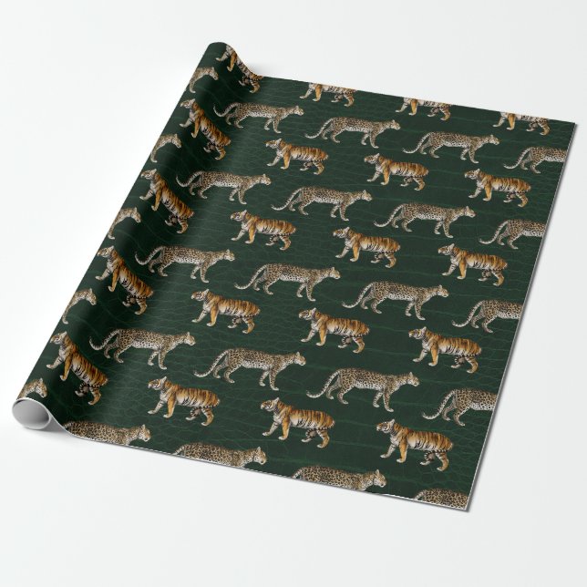 Papel De Presente Tigres e Leopardos em Verde (Desenrolado)