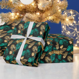 Papel De Presente Tigres Tropicais & Folhas   Padrão Ousado de Selva