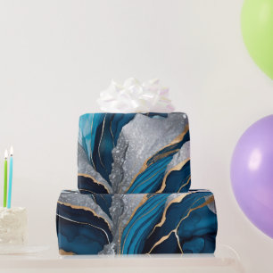 Papel De Presente Tinta Alcoólica Azul Profundo, Prata e Dourado em