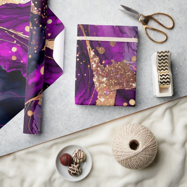 Papel De Presente Tinta Alcoólica Brilhante Roxo e Dourado Aquarela (Artesanato)