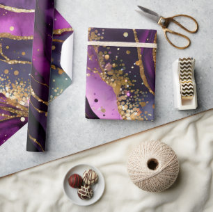Papel De Presente Tinta Alcoólica Brilhante Roxo e Dourado Aquarela