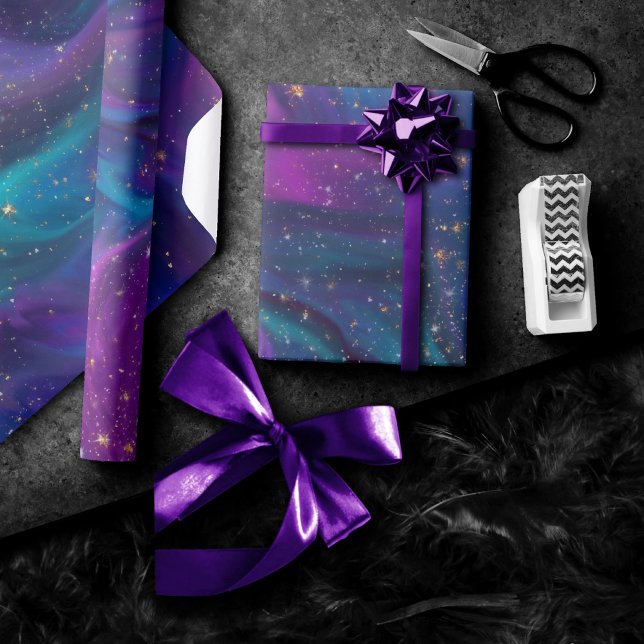 Papel De Presente Tinta cósmica | Nebulosa da Galáxia Roxa Azul Turq (Criador carregado)