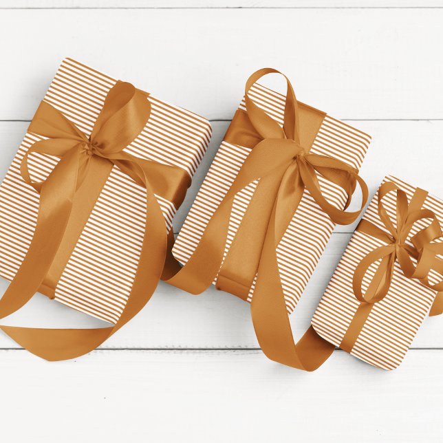 Papel De Presente Tinta de Cobre Elegante (Elegant Thin Striped Wrapping Paper with Copper Orange and White Lines. Chic Fall / Winter Gift Wrap)