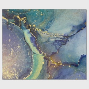Papel De Presente Tinta Dourada Verde Azul com Álcool Abstrato Arte