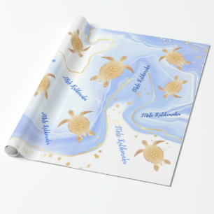 Papel De Presente Tintas do Mar Dourado Azul Mele Kalikimaka