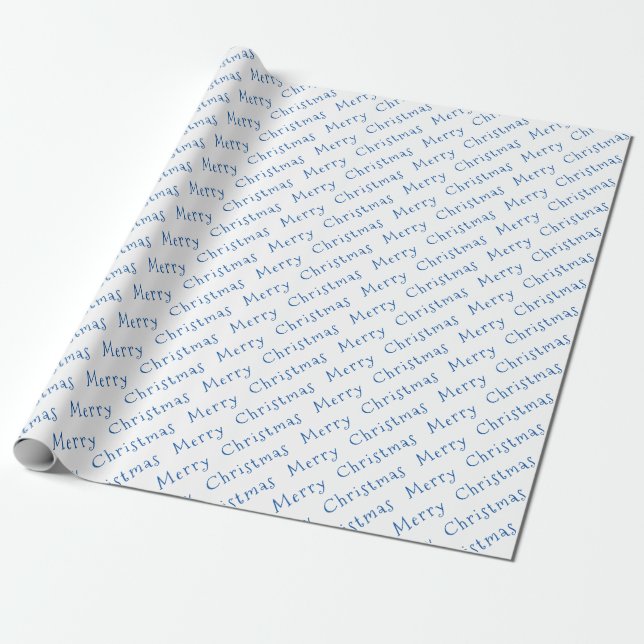 Papel De Presente Tipografia de Natal Azul em Papel Branco (Desenrolado)