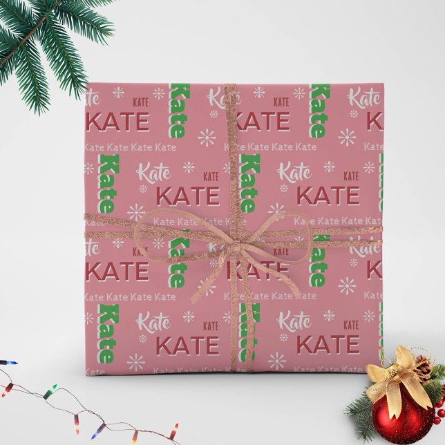 Papel De Presente Tipografia de nome curto - rosa - Natal personaliz (name personalized wrapping paper christmas green white red pink custom typography design unique)