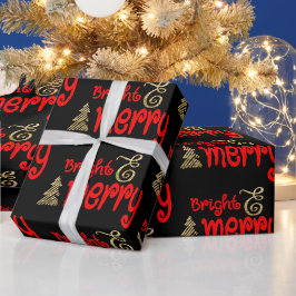 Papel De Presente Tipografia Feliz Brilhante Natal Dourado Vermelho