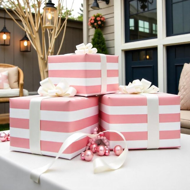 Papel De Presente Tiras Brancas Rosa Modernas (Modern Pink White Stripes Wrapping Paper)