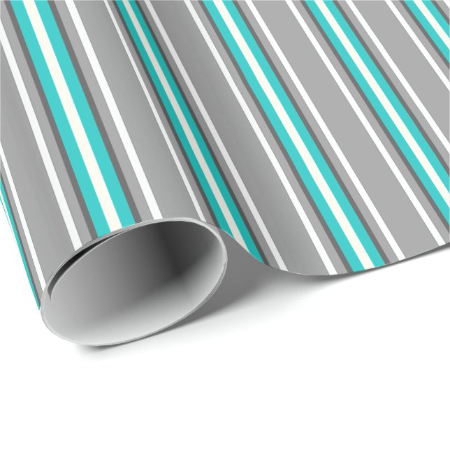 Papel De Presente Tiras, Cinzas e Turquesas modernas do século médio (Ponta do rolo)