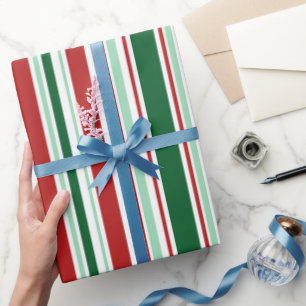 Papel De Presente Tiras de Natal Vermelhas Modernas, Verdes, Brancas