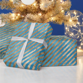 Papel De Presente Tiras Douradas Azuis Turquesas