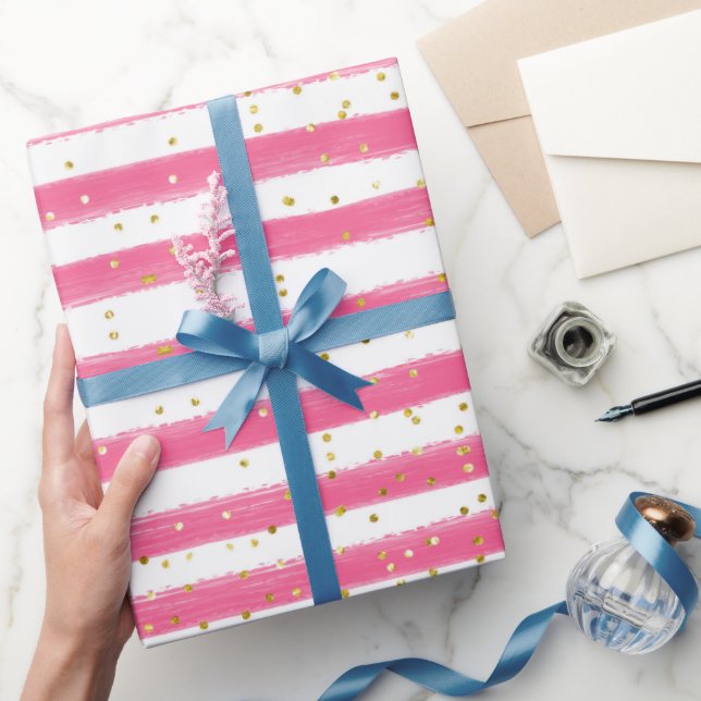 Papel De Presente Tiras Rosa E Dourada Festa Para Garotas (Presentear)