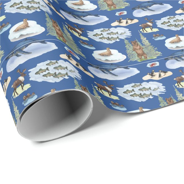 Papel De Presente Toalete de Animais do Alasca (Sobre Azul) (Ponta do rolo)
