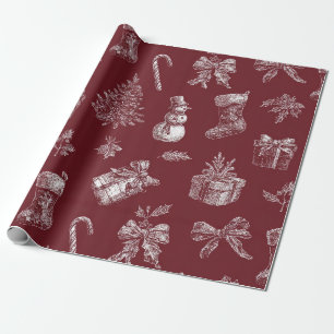 Papel De Presente Toalete de Natal Vintage Vermelho Carmesim Branco