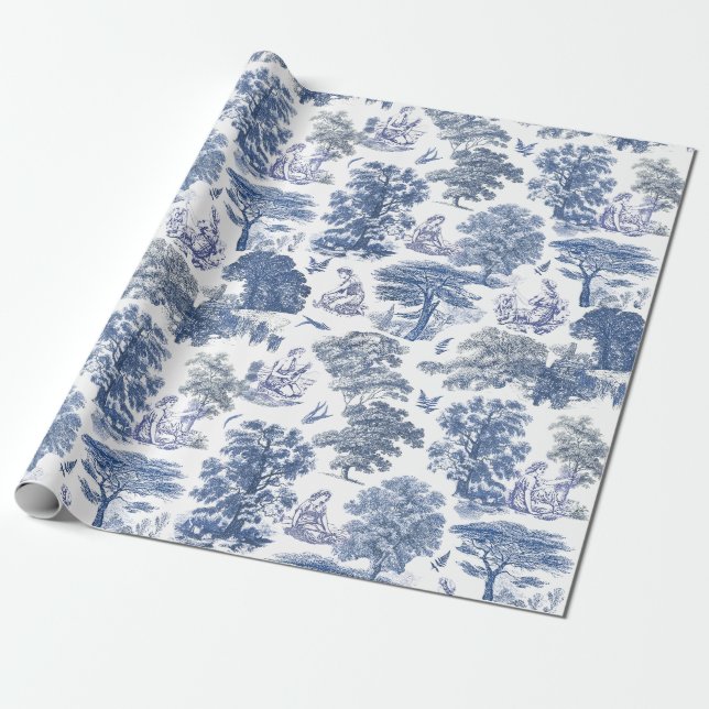 Papel De Presente Toile Clássica Rustic Blue Country (Desenrolado)
