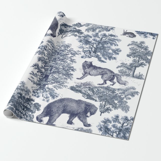 Papel De Presente Toile de Animais da Floresta Azul Russa Clássica E (Desenrolado)