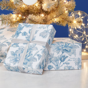 Papel De Presente Toile-de-jouy Chinoiseries Padrão Floral Azul