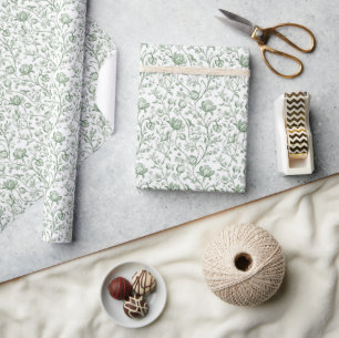 Papel De Presente Toile de Jouy Verde Salgueiro Floral Vintage Franc