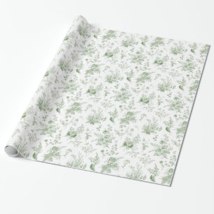 Papel De Presente Toile De Jouy Verde Vintage Floral Chinoiserie
