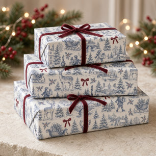 Papel de Presente Toile de Natal Azul Vintage com