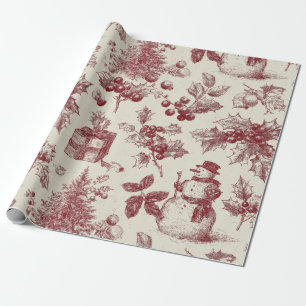 Papel De Presente Toile de Natal Botânico Vermelho Antigo - Azevinho