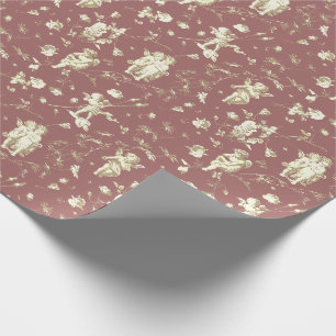 Papel De Presente Toile Floral de Anjos Cupido Bege Rosa Vintage