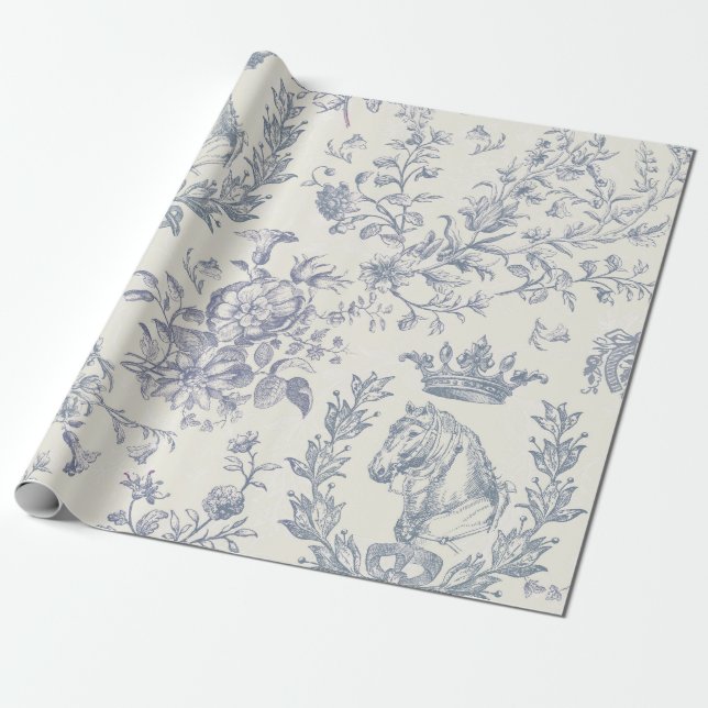 Papel De Presente Toile Floral Equestre (Equestre) Chic Blue Beige (Desenrolado)