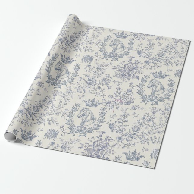 Papel De Presente Toile Floral Equestre (Equestre) Chic Blue Beige (Desenrolado)