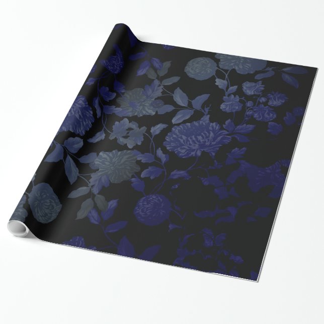 Papel De Presente Toile Floral Moderno, Preto E Azul (Desenrolado)