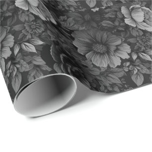 Papel De Presente Tons Atenuados de Floral Cinza